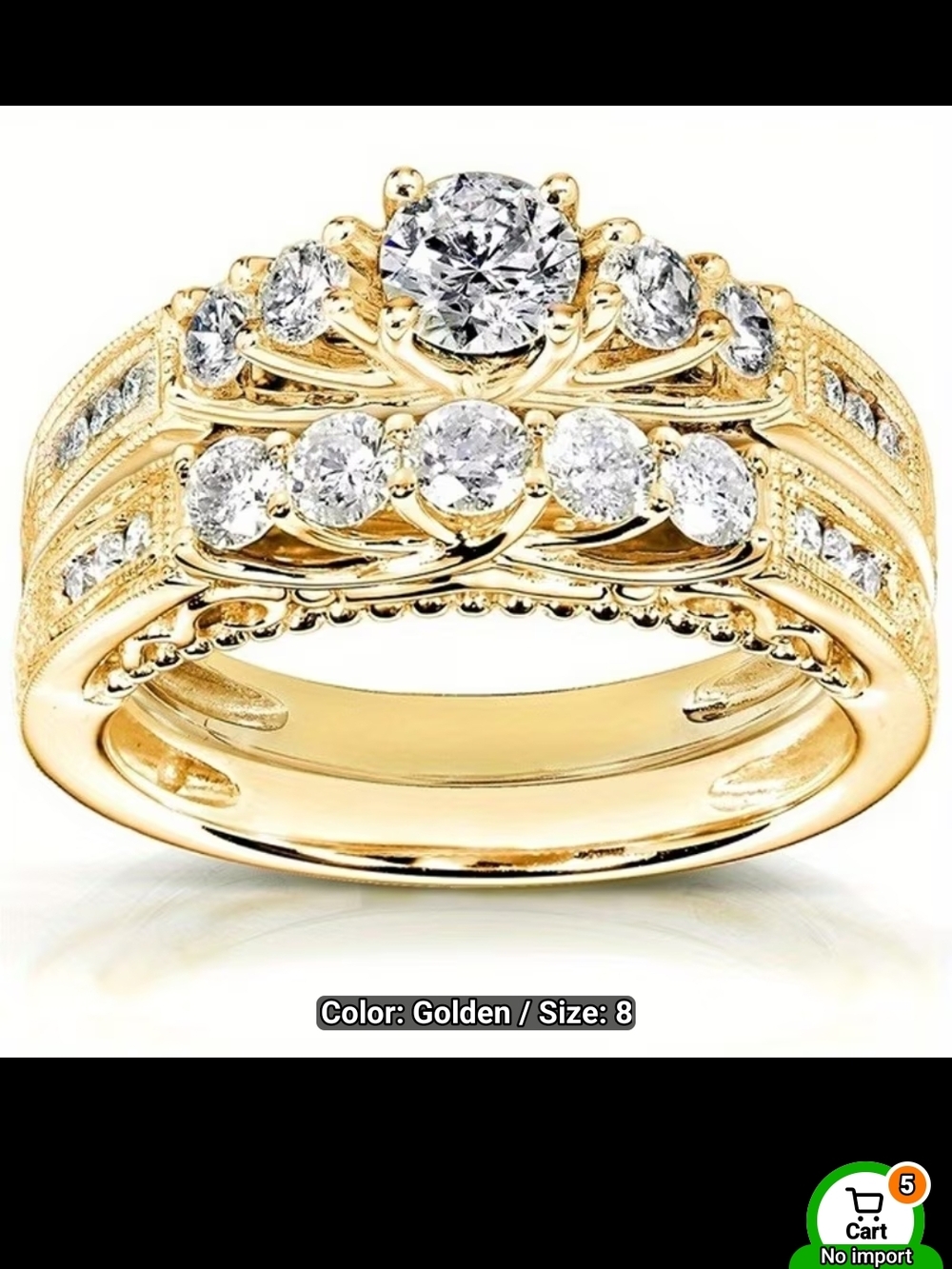 Elegant Gold Crystal Bridal Ring Set - Golden